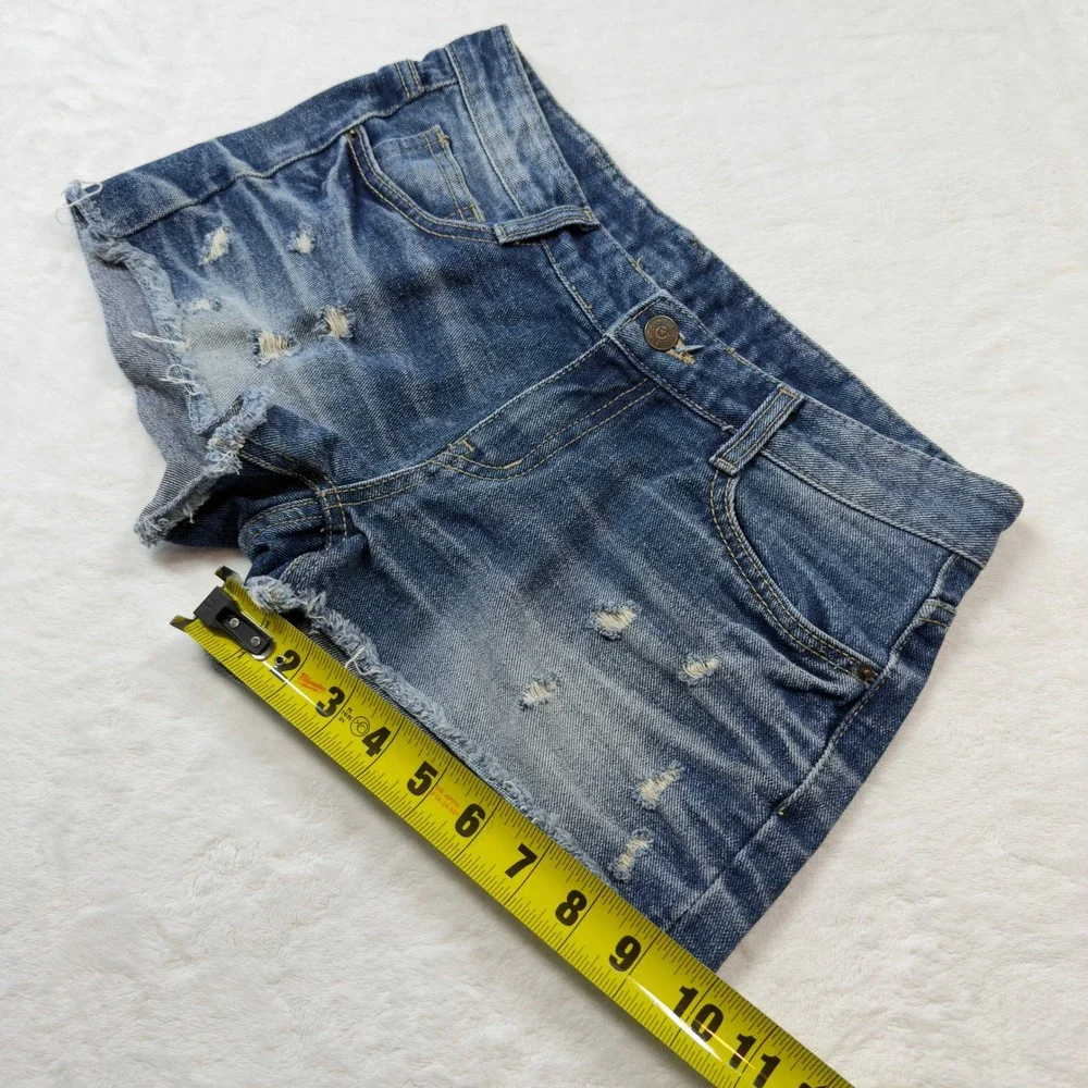 Flyup Distressed Denim Shorts Womens Size M Blue Good Frayed Hem Low Rise Cutoff